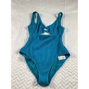 Aerie Womens One Piece Swimsuit With Textured Fabric & Cutout Detail M Blue NWT